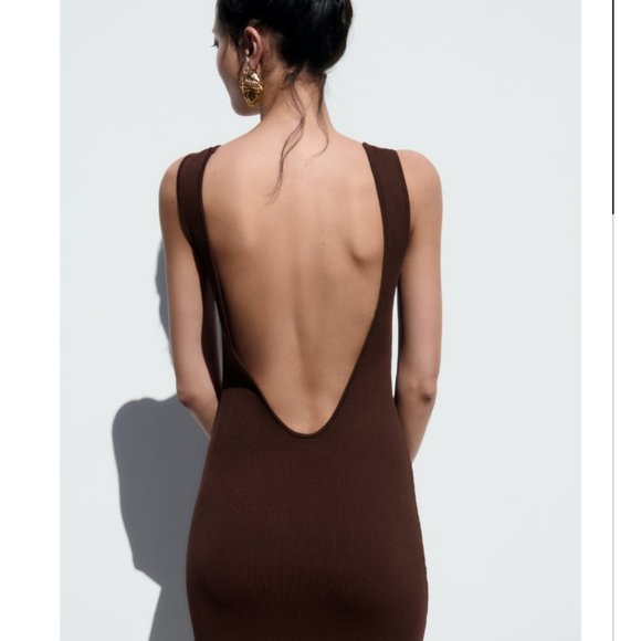 NWT ZARA BROWN KNIT DRESS OPEN BACK - L - Picture 3 of 8
